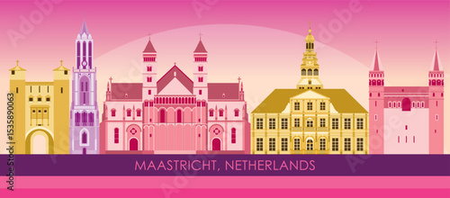 Sunset Skyline panorama of city of Maastricht, Netherlands  - vector illustration