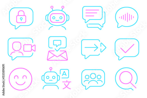 Neon ai icons with chatbots, messages, and security symbols on dark background
