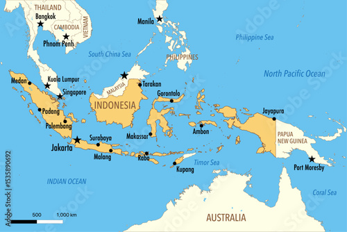 Vector Map of Indonesia with Major Cities and Neighboring Countries – Editable Illustration