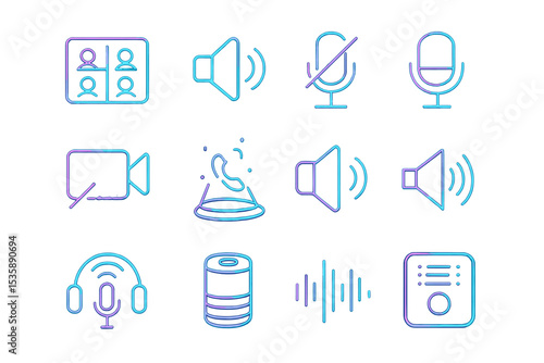 Neon audio and communication icons with blue and purple glow effects
