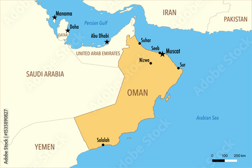 Vector Map of Oman with Major Cities and Neighboring Countries – Editable Illustration