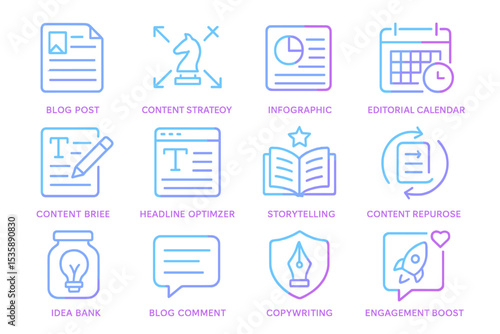 Neon icons representing content strategy and creation tools
