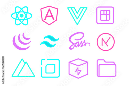 Neon icons of popular javascript and css frameworks and libraries