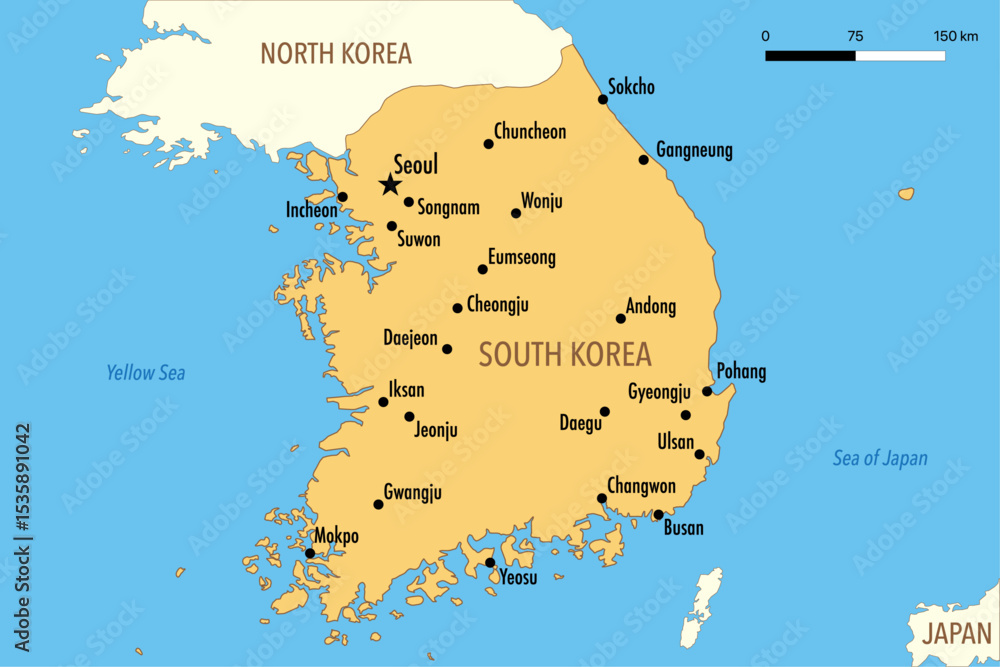 Obraz premium Vector Map of South Korea with Major Cities and Neighboring Countries – Editable Illustration