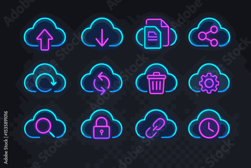 Neon cloud icons: upload, download, sync, trash, lock, settings