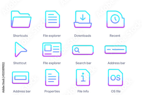 Neon glowing icons set for digital file management on dark background