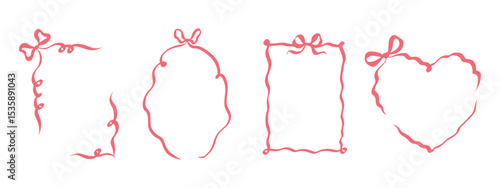 Coquette ribbon frames with bow. Hand drawn whimsical lace borders in simple crayon and sketch style. Trendy art for bachelorette party and wedding invitations. Doodle decorative vector illustration