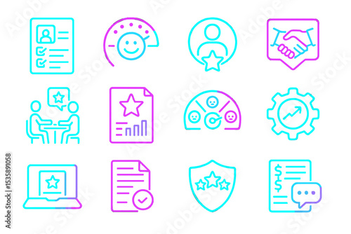 Neon icons representing business success, collaboration, and performance