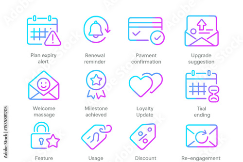 Neon icons for notifications and updates in vibrant colors
