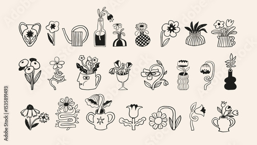 Cute hand drawn flowers, plant pots, houseplants and vases doodles set