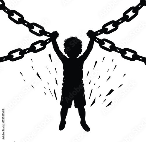 Silhouette of a child breaking chains symbolizing freedom and liberation from oppression