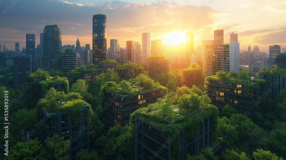 Obraz premium Green sustainable city with futuristic buildings integrated into forest landscape.