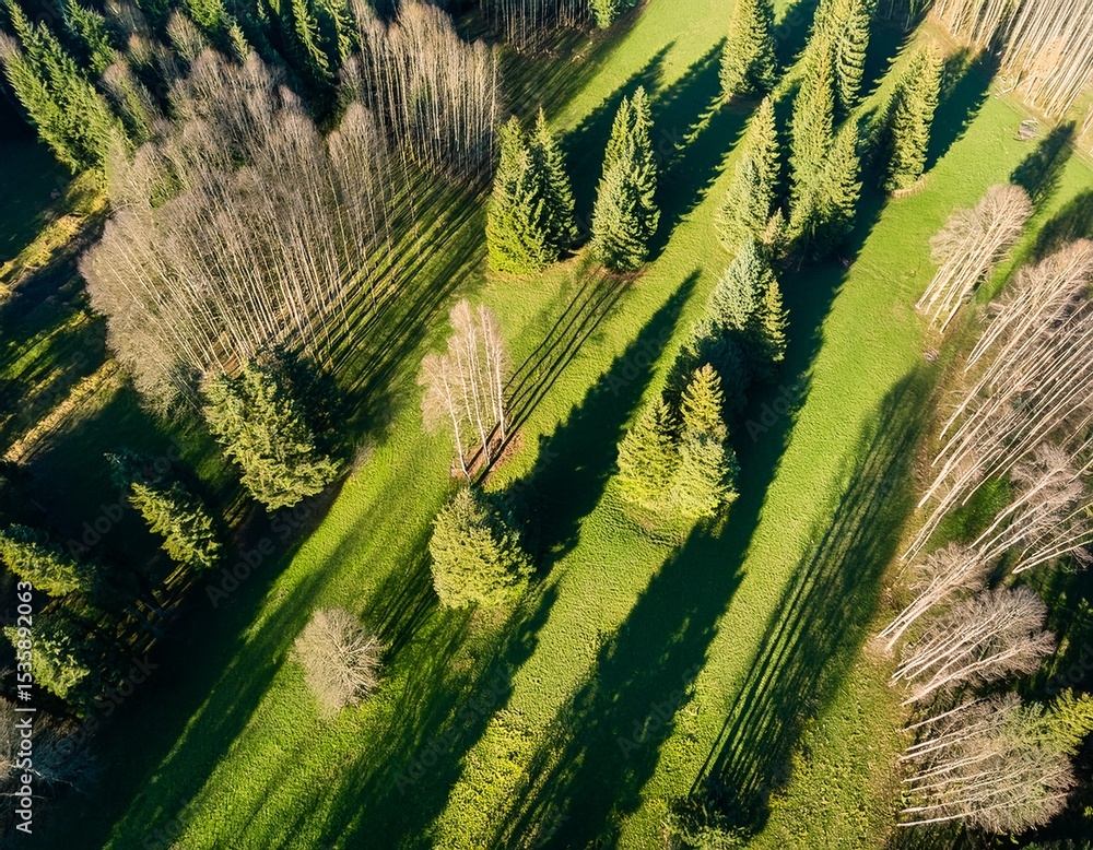 Fototapeta premium an aerial view of a forest with tree shadow patterns