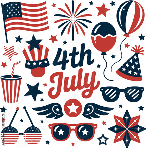 Festive fourth of july celebration vector illustration featuring patriotic american symbols