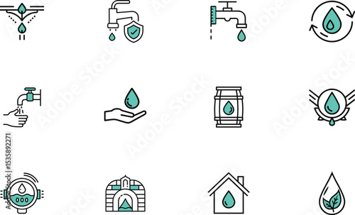 Water conservation icons bundle: taps, drops, recycling, and more