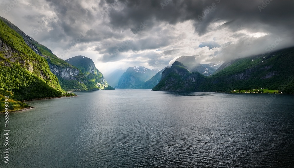Obraz premium majestic fjord surrounded by verdant mountains under cloudy skies