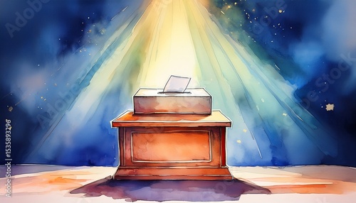 ballot box under spotlight watercolor illustration for election awareness with copy space