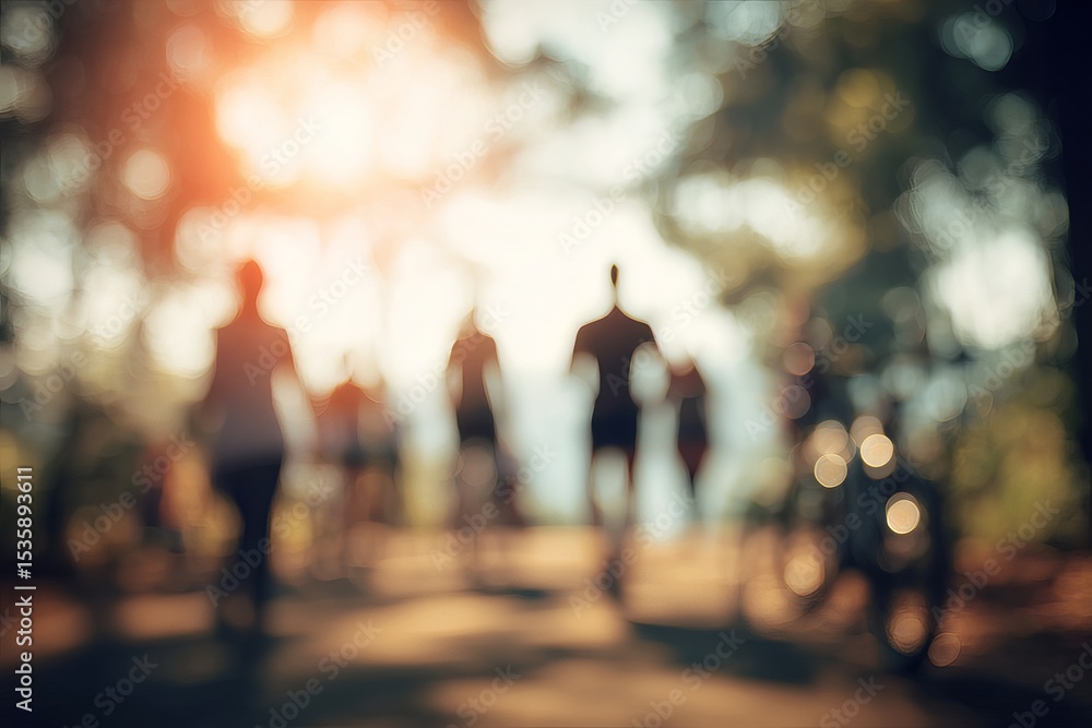 Fototapeta premium Blurred Silhouettes People Walking Park Summer Sunlight Golden Hour Peaceful Nature Scene Outdoor Activity Healthy Lifestyle Relaxing Summertime Evening Stroll Calm Tranquil Serene