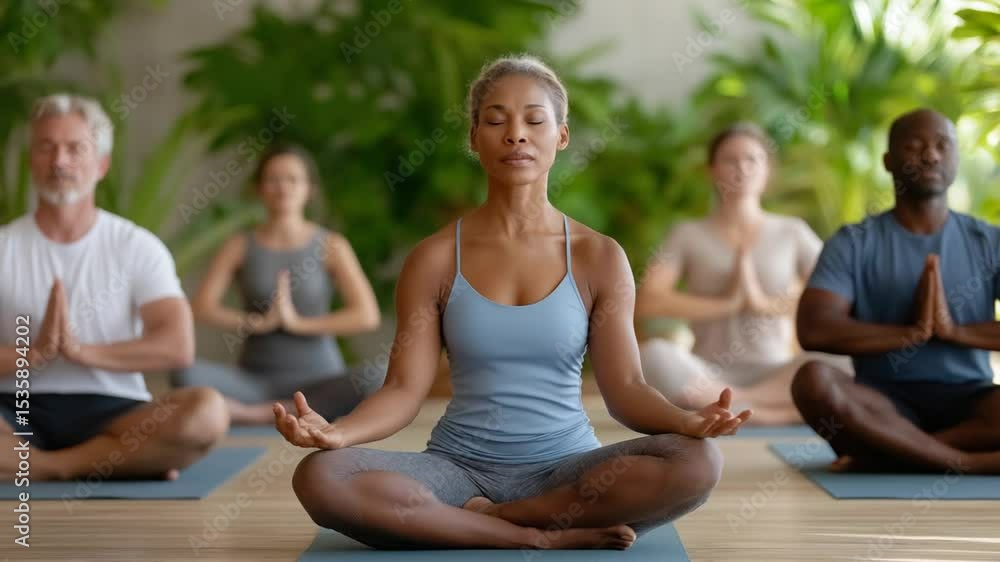 A diverse group practicing yoga in a bright studio with instructor A diverse group practicing yoga in a bright studio with instructor