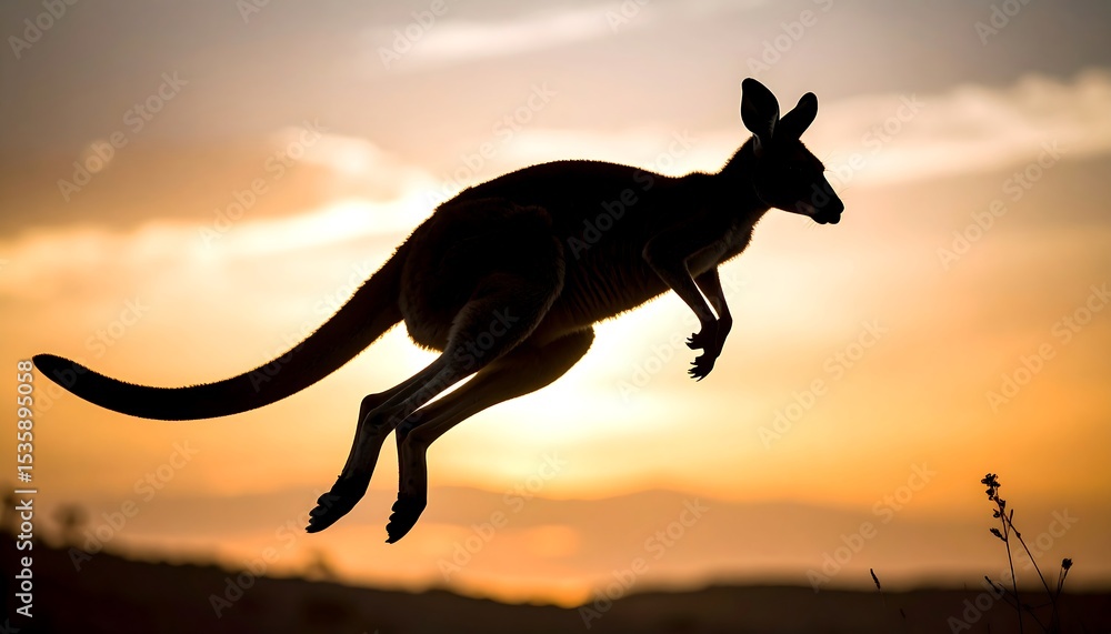 Kangaroo silhouette leaping at sunset Kangaroo silhouette leaping at sunset