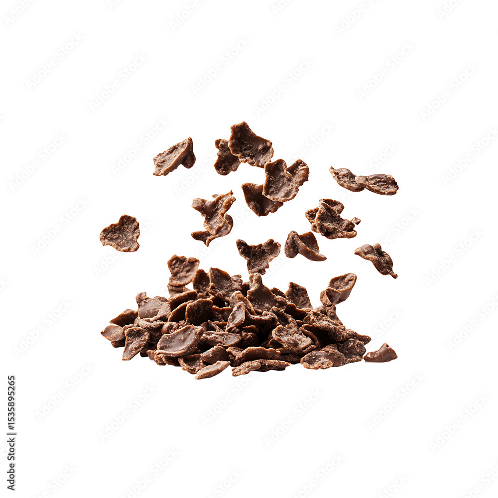 Obraz premium Falling Chocolate Corn Flakes with Crispy Curved Texture,Deep Brown Hue,isolated on transparent background,png