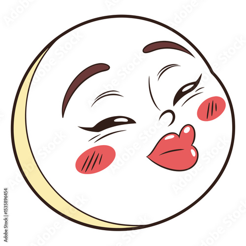 Charming Cartoon Moon with Flirty Expression and Red Cheeks