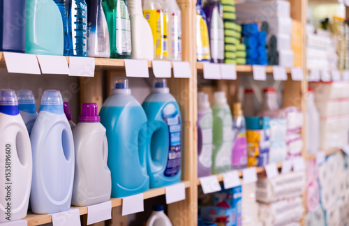 Canvastavla Assorted bottles of detergents and cleaning supplies neatly displayed for custom