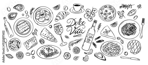 Hand-drawn Italian food vector set - Dolce Vita. Pasta, pizza, wine, cheese, seafood and desserts. Mediterranean cuisine illustrations perfect for menus, cookbooks, packaging, branding.