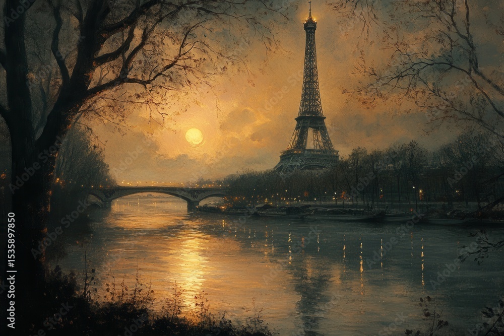 Obraz premium Eiffel tower at dusk reflecting on the Seine river in Paris, France, viewed through trees and foliage