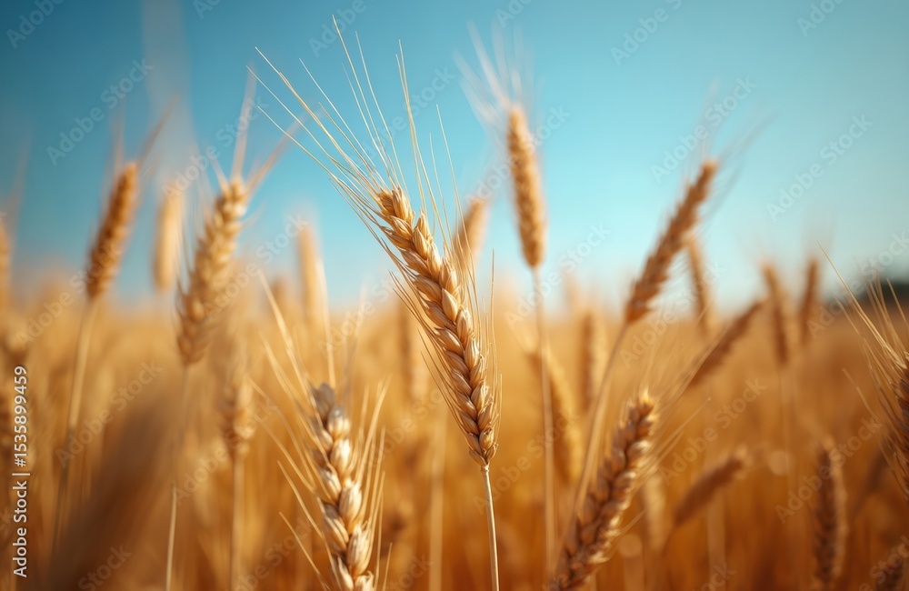 Agricultural field of harvest-ready wheat grains under warm blue sky. Golden wheat against blue summer sky. Represents agriculture, farming, food, nature, abundance. Ideal for marketing, advertising, Agricultural field of harvest-ready wheat grains under warm blue sky. Golden wheat against blue summer sky. Represents agriculture, farming, food, nature, abundance. Ideal for marketing, advertising,