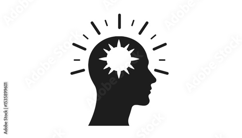 Human silhouette with a sun symbolizing enlightenment and inspiration on a white background