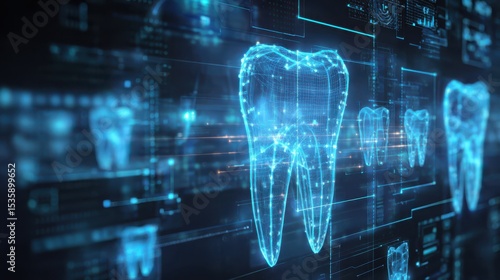 Dynamic background featuring glowing dental icons and data visualizations, emphasizing the integration of technology in dental health practices and patient care solutions