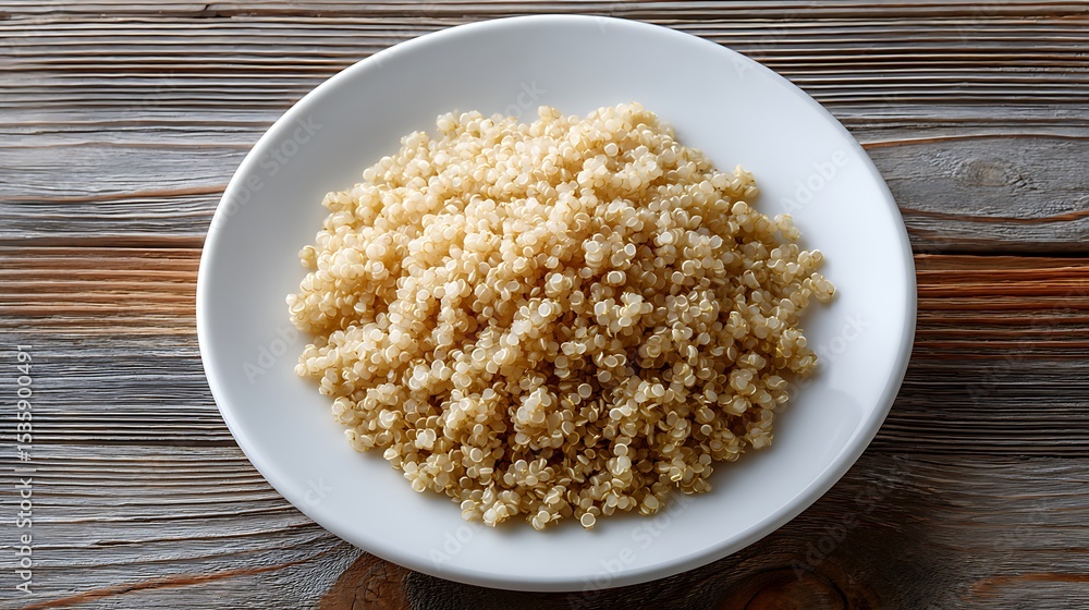 A bowl of cooked quinoa on a rustic wooden table A bowl of cooked quinoa on a rustic wooden table