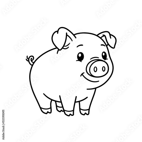 Cartoon pig standing happily with a plump body and stocky legs  