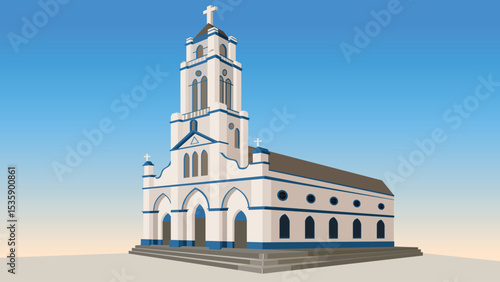 Vector Illustration of a Classic Church with a Tall Steeple and Blue Sky in São gabriel da Cachoeira - Amazonas - Brazil	