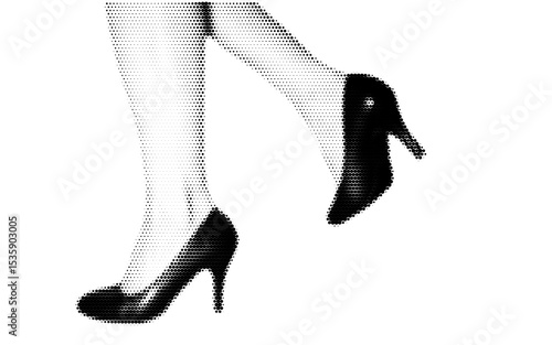 Halftone Stipple Effect Illustration of Elegant High Heels and Female Legs in Retro Aesthetic