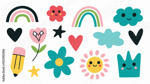 Cute rainbow flower cloud heart star pencil drawing vector illustration for kids and children design