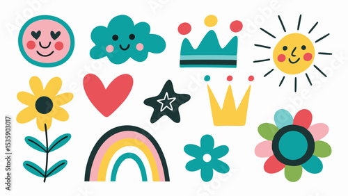 Cute cartoon illustration of flowers sun rainbow cloud heart crown star and smiley face vector design