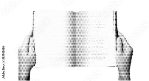Halftone Illustration of Hands Holding an Open Blank Book in a Minimalist Design