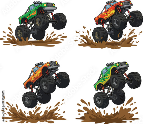 Monster trucks jumping and splashing mud in different colors green and orange vector illustration 