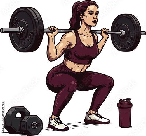 Woman performing barbell squat exercise with dumbbells and shaker bottle vector illustration 