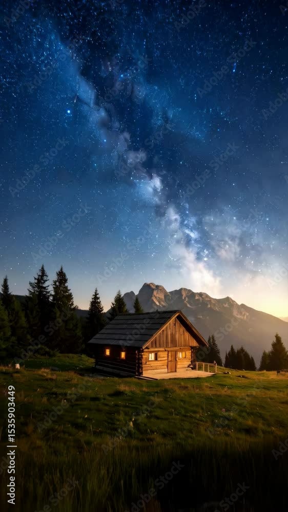 Idyllic wooden cabin with lit windows beneath vibrant starry night sky and mountain backdrop, surrounded by lush meadow and evergreen trees Idyllic wooden cabin with lit windows beneath vibrant starry night sky and mountain backdrop, surrounded by lush meadow and evergreen trees