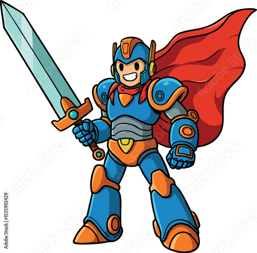 Cartoon robot warrior with sword and red cape in blue and orange armor vector illustration 
