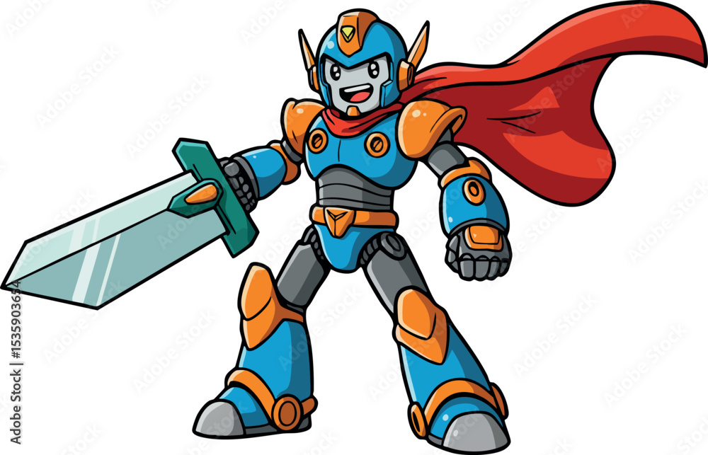 Obraz premium Cartoon Robot Warrior with Red Cape and Large Sword Vector Illustration 