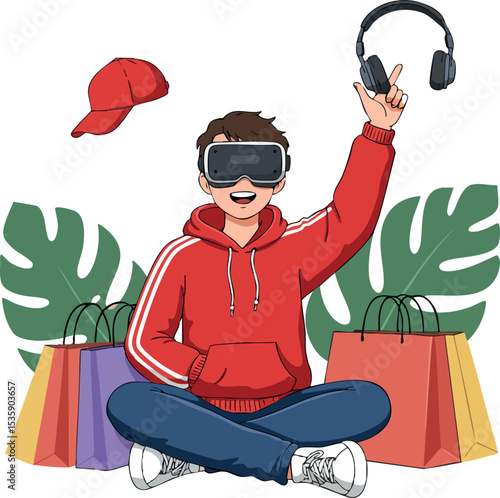 Young man using virtual reality headset with headphones and shopping bags vector illustration 