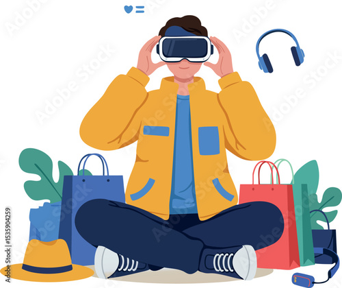Man Wearing Virtual Reality Headset Sitting Cross Legged with Shopping Bags Illustration 
