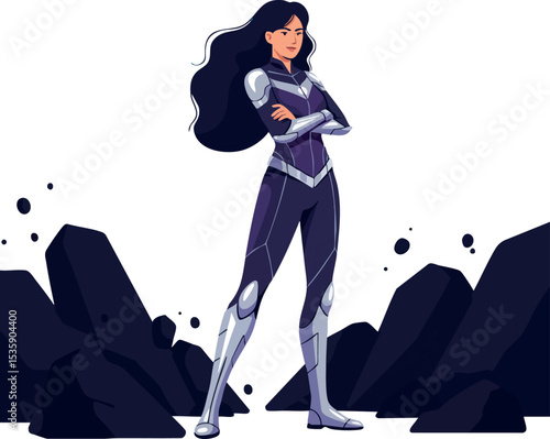 Female superhero warrior in futuristic armor standing confident with rocky background vector illustration 