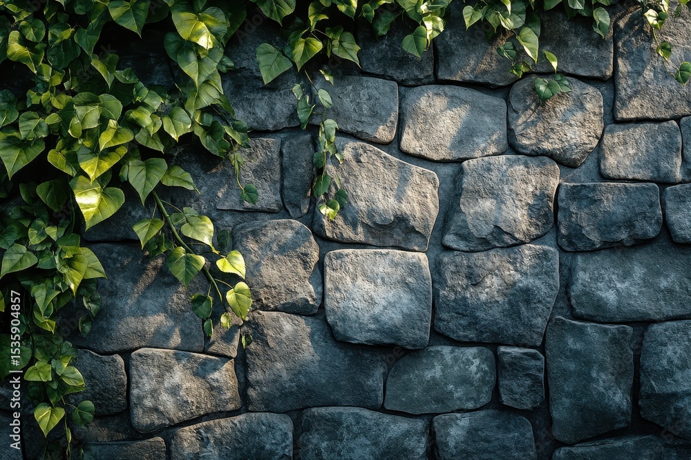 Stone wall texture with climbing ivy, displaying a natural outdoor surface and nature scene in the daytime, creating a peaceful environment Stone wall texture with climbing ivy, displaying a natural outdoor surface and nature scene in the daytime, creating a peaceful environment