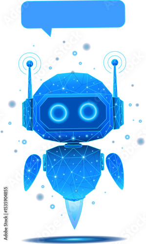 Polygonal AI robot with speech bubble on transparent background. Futuristic chatbot and artificial intelligence assistant concept. Futuristic cute robot built with polygonal shapes