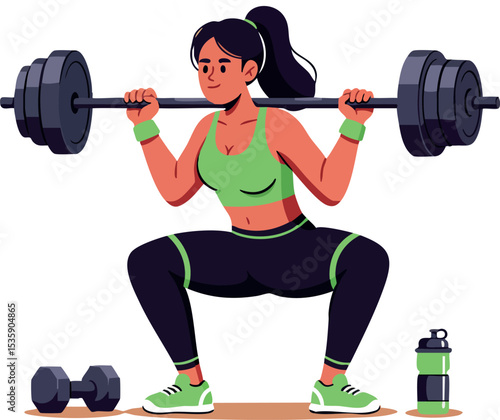Woman weightlifting with barbell in gym workout fitness exercise routine vector illustration 